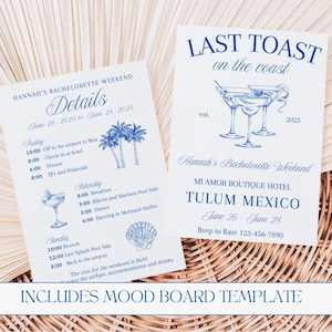 Itinerario de invitación para despedida de soltera de Last Toast on the Coast, plantilla de invitación para despedida de soltera en la costa, despedida de soltera en la playa
