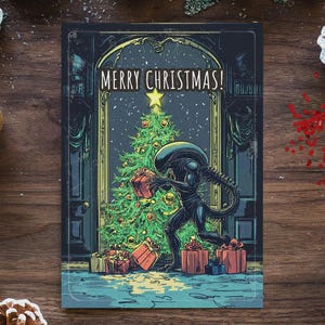 May include: A Christmas card with the text "MERRY CHRISTMAS!" depicts an alien character placing gifts under a decorated Christmas tree. The card has a dark, vintage aesthetic with a festive holiday theme.