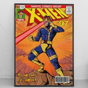 Puede incluir: Una portada de c&oacute;mic enmarcada con los X-Men. La obra de arte representa a un superh&eacute;roe con un traje azul y amarillo, con un rayo rojo que emana de sus ojos. El texto incluye "X-MEN '97" y "TO ME, MY X-MEN!"