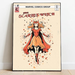 Op de afbeelding: Een ingelijste stripboekcover met "The Scarlet Witch" van Marvel Comics. De illustratie toont een rood gekleed personage met wapperend haar, omringd door energie-effecten. De achtergrond is beige met verspreide stippen.