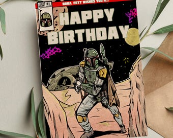 Boba Fett Birthday Card: Star Wars Mandalorian, Grogu Card