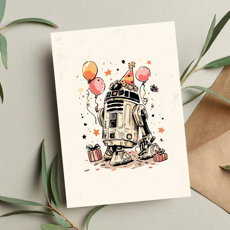 Puede incluir: Tarjeta de felicitaci&oacute;n de cumplea&ntilde;os con una ilustraci&oacute;n de dibujos animados de R2-D2 con un gorro de fiesta. La tarjeta tiene globos, confeti y cajas de regalo. La paleta de colores incluye beige, naranja, rojo y negro.