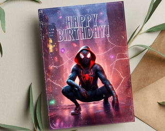 Biglietto di auguri di compleanno di Mile Morales • Biglietto di auguri di compleanno di Spiderman • Biglietto di auguri di Spiderman • Biglietto di auguri • Biglietto di compleanno • Biglietto di compleanno divertente