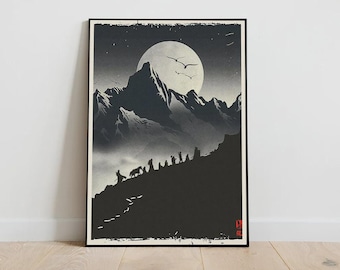 Plakat Władcy Pierścieni: Sztuka japońska w stylu Tolkiena