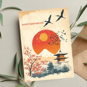 Japanse verjaardagskaart | Japans monument | Skyline van Tokio | Handgemaakte reiskaart | Cadeau Japans minnaar | Unieke verjaardagskaart | Japanse kunst