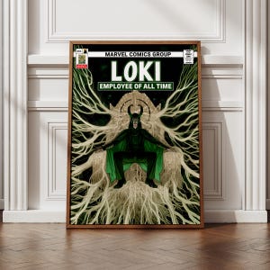 Plakat z komiksów Loki Marvel, grafika ścienna z komiksu w stylu vintage „Pracownik wszech czasów”, dekoracja z motywem zielonego boga psot, prezent z superbohaterem Marvela