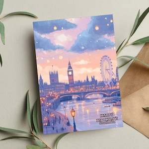 Carte d'anniversaire à Londres, carte de voyage au Royaume-Uni, carte Big Ben, carte paysage urbain, carte d'anniversaire en Angleterre, carte d'anniversaire pour lui, carte d'anniversaire pour elle