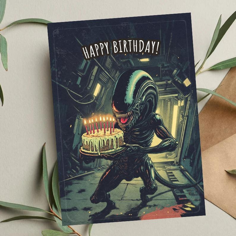 Puede incluir: Tarjeta de felicitaci&oacute;n con fondo azul oscuro. Presenta una ilustraci&oacute;n de un alien&iacute;gena sosteniendo un pastel de cumplea&ntilde;os con velas encendidas. El texto "HAPPY BIRTHDAY!" est&aacute; en la parte superior en blanco.