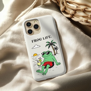 Frog Life Flexi-telefoonhoesje – grappig kikkerstrandontwerp voor iPhone en Android | Zachte hoes Cute Summer Vibe | Chill esthetisch dierencadeau