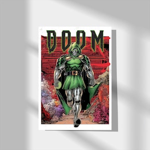 May include: Comic book art print featuring Doctor Doom, a villain in a green hooded cloak and metallic armor, striding forward. The word "DOOM" is displayed in green at the top. The background shows a red and purple cityscape.