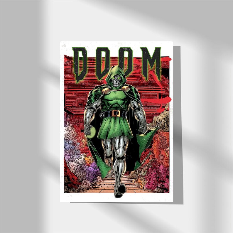 May include: Comic book art print featuring Doctor Doom, a villain in a green hooded cloak and metallic armor, striding forward. The word "DOOM" is displayed in green at the top. The background shows a red and purple cityscape.