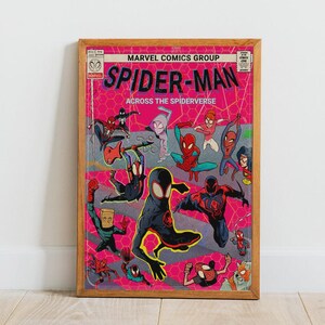 May include: Framed comic book cover featuring Spider-Man characters. The cover has a pink background with the title "Spider-Man Across the Spiderverse" in large letters. Various Spider-Man characters are illustrated in action poses. The frame is a light brown color.