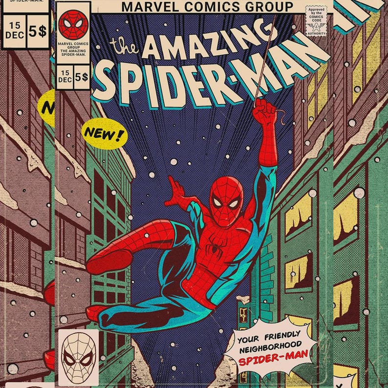 Puede incluir: Una portada de c&oacute;mic vintage con Spider-Man balance&aacute;ndose por una ciudad nevada de noche. La portada es roja, azul y amarilla con el t&iacute;tulo "The Amazing Spider-Man" y el texto "Your Friendly Neighborhood Spider-Man".