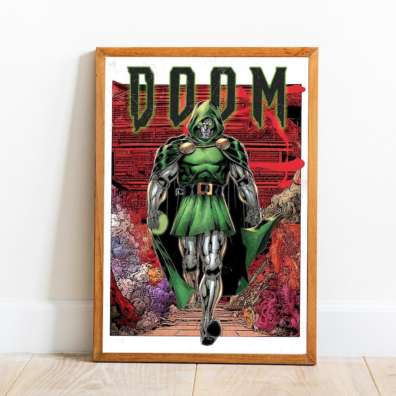 May include: Framed print featuring a comic book illustration of Doctor Doom. The character is depicted in a green hooded cloak and metallic armor, striding forward. The word "DOOM" is displayed in green block letters above the character.