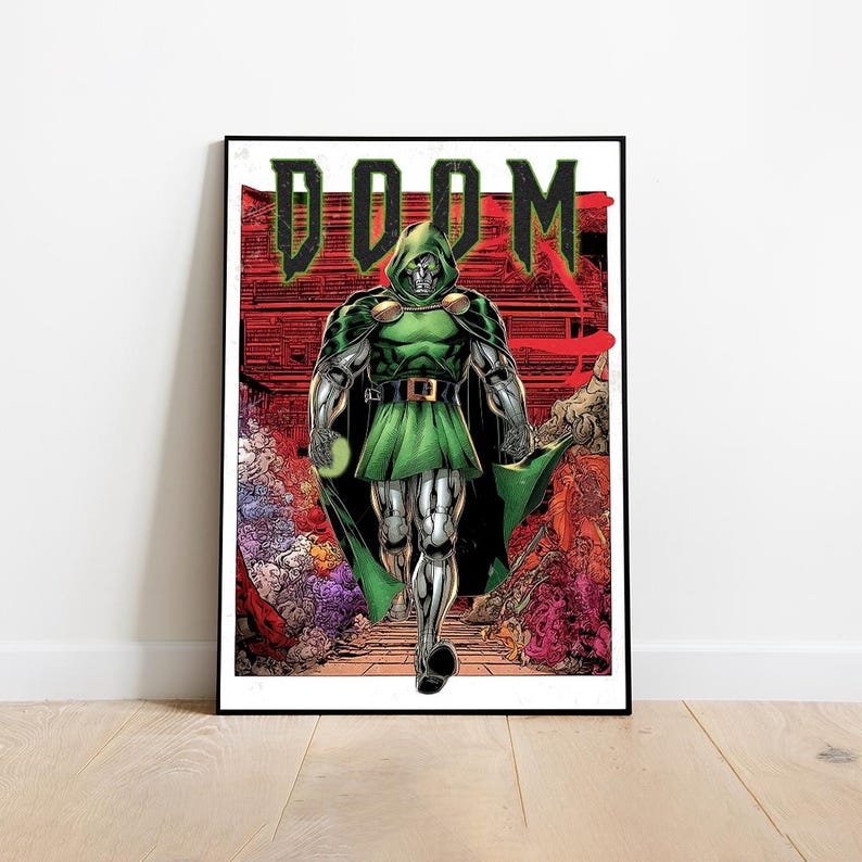 May include: A framed comic book art print featuring Doctor Doom. The character is depicted in a green tunic and cape, with a silver mask and metallic limbs. The word "DOOM" is printed in green above the character, set against a red background.