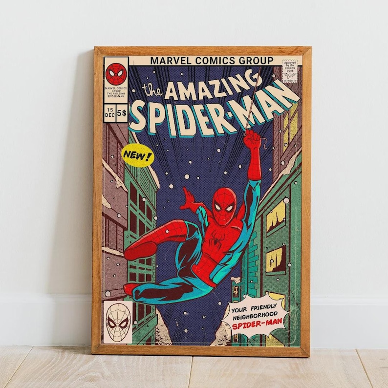 Puede incluir: Una portada de c&oacute;mic vintage con Spider-Man balance&aacute;ndose por una ciudad nevada de noche. La portada es roja, azul y amarilla con el texto "The Amazing Spider-Man" y "New!" en un recuadro amarillo.