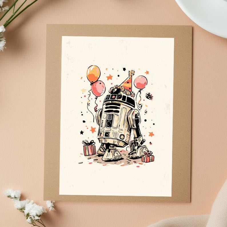 Puede incluir: Tarjeta de cumplea&ntilde;os con una ilustraci&oacute;n de dibujos animados de un robot con un gorro de fiesta, rodeado de globos y regalos. El robot es beige y blanco con detalles negros. Los globos son naranjas y rosas, y los regalos est&aacute;n envueltos en rosa y rojo.