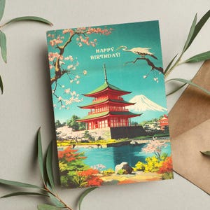 Carte d'anniversaire du Japon | monument japonais | Ligne d'horizon de Tokyo | carte de voyage faite main | Cadeau pour amoureux du Japon | Carte d'anniversaire unique | Art japonais