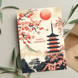 Japanse verjaardagskaart | Japans monument | Skyline van Tokio | Handgemaakte reiskaart | Cadeau Japans minnaar | Unieke verjaardagskaart | Japanse kunst