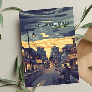 Verjaardagskaart van Nashville | Monument Tennessee | Skyline van Nashville | Handgemaakte reiskaart | Cadeau voor minnaar Nashville | Unieke verjaardagskaart |