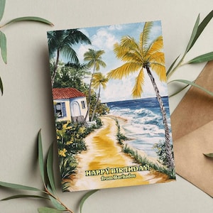 Verjaardagskaart van Barbados, Caribische wenskaart, eilandverjaardagskaart, Bajan-kaart, tropische kaart, reiskaart, strandkaart