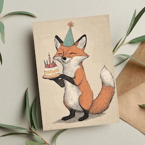 Carte d'anniversaire renard - Jolie carte de voeux animal de la forêt - Renard avec gâteau - Carte d'anniversaire amusante pour les amoureux de la nature et des animaux - Carte chapeau de fête