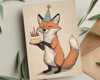 Biglietto di compleanno con volpe – Simpatico animale con torta e cappellino da festa