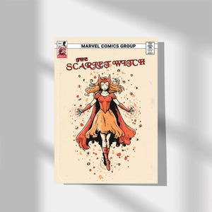 Op de afbeelding: Stripboekcover met The Scarlet Witch van Marvel Comics. De illustratie toont een vrouw in een rood-oranje kostuum met een cape, omringd door magische energie. De titel "The Scarlet Witch" is prominent aanwezig.