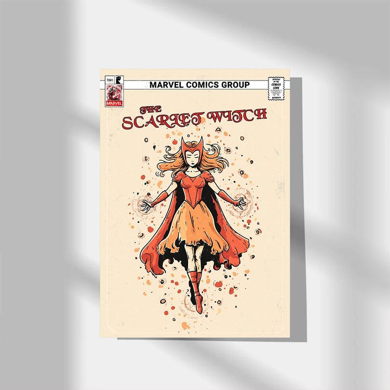 Op de afbeelding: Stripboekcover met The Scarlet Witch van Marvel Comics. De illustratie toont een vrouw in een rood-oranje kostuum met een cape, omringd door magische energie. De titel "The Scarlet Witch" is prominent aanwezig.