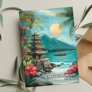 Bali Geburtstagskarte | Bali Skyline | Handgemachte Reisekarte | Bali Geschenk für Ihn Einzigartige Geburtstagskarte | Indonesische Kunst, Jubiläumskarte