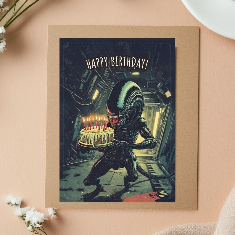 Puede incluir: Tarjeta de cumplea&ntilde;os con una ilustraci&oacute;n de un alien&iacute;gena sosteniendo un pastel de cumplea&ntilde;os con velas encendidas. La tarjeta tiene el texto "HAPPY BIRTHAY!" en blanco. El fondo muestra un interior futurista.