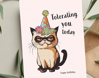 Funny Cat Birthday Card: Sarcastic "Tolerating You Today" Animal Pun