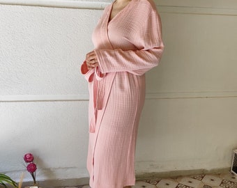 Roupão quimono rosa de musselina, roupão de algodão orgânico, roupa de descanso leve