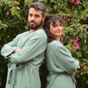 Accappatoio Kimono in Mussola Verde Menta, Accappatoio in Cotone Biologico, Comodo Accappatoio in Cotone, Accappatoio e Kimono in Mussola di Alta Qualità a 4 Strati