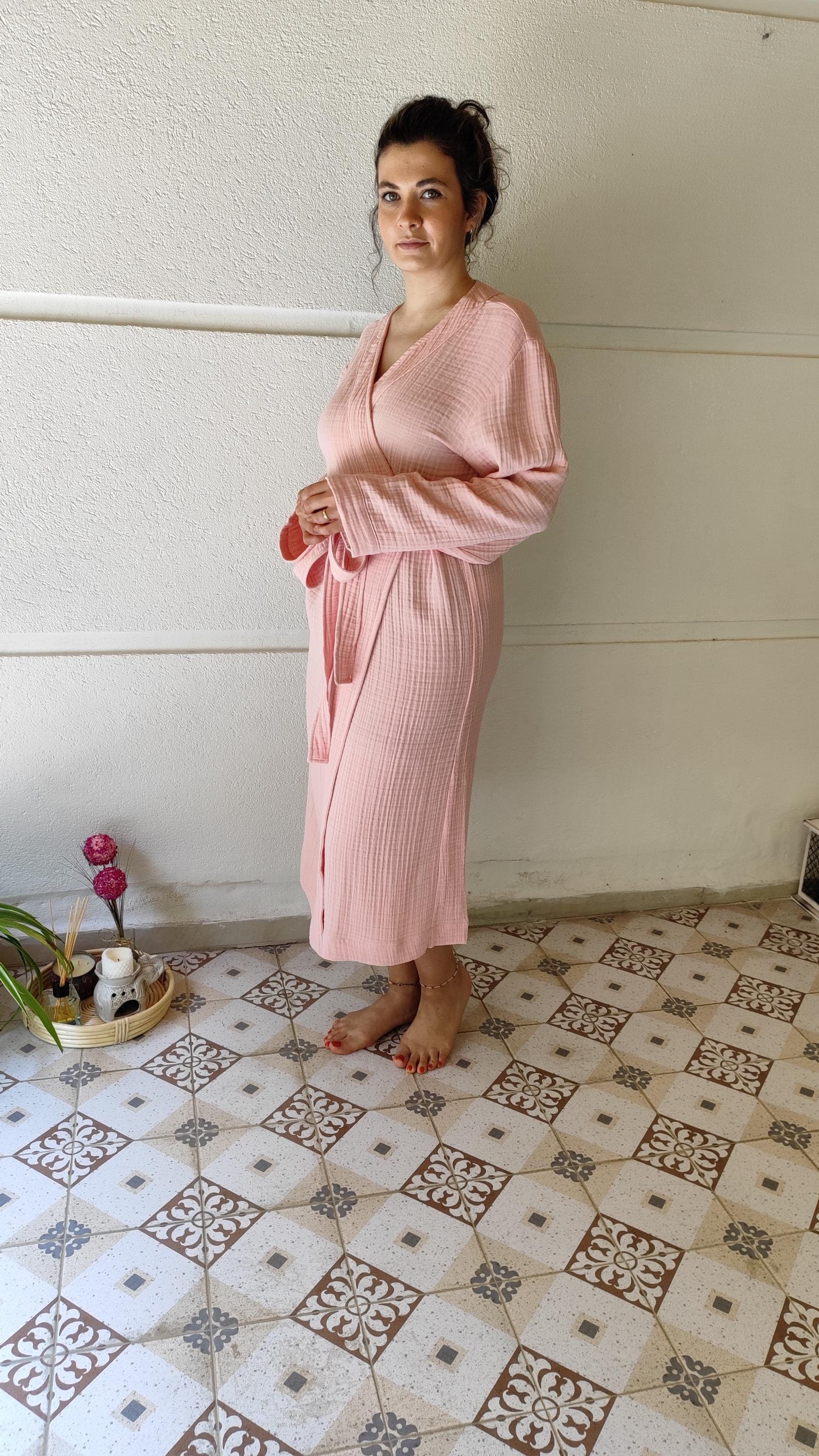 Pink Muslin Kimono Robe, Organic Cotton Bathrobe, Lightweight Loungewear