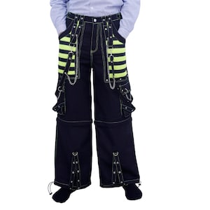 Black Pants with Lime Mesh - Handmade Gothic Punk Cargo Tripp Trousers with Stud Chains