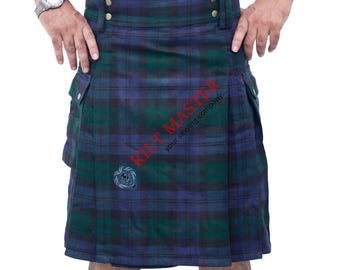 Black Watch Tartan Utility Kilt for Men - Scottish Kilt with Adjustable Leather Straps