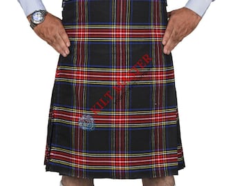 Black Stewart Tartan Kilt - Custom Made 8 Yards Traditional Highlander Kilt