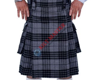 May include: A grey and black kilt with a tartan pattern. The kilt has two pockets on the sides and a belt with buckles.