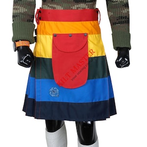 Rainbow Pride Kilt for Men - LGBTQ Festival Utility Kilt with Front Pocket and Leather Straps