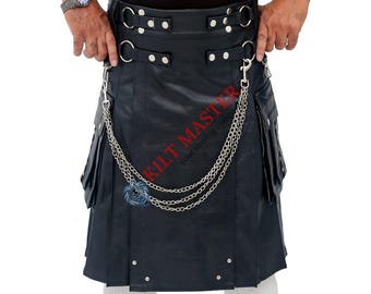 Handmade Gothic Black Leather Kilt with Chains - Stylish and Bold Men's Fashion Statement Kilt