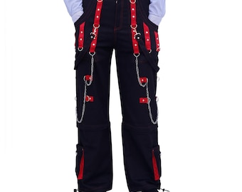 Pantalones góticos ciberpunk: pantalones negros hechos a mano con tiras y detalles rojos