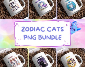 Könnte beinhalten: Ein Set mit 12 weißen Keramikbechern mit bunten Illustrationen von Katzen, die jedes Sternzeichen repräsentieren. Die Becher sind in einem Raster auf einem braunen Hintergrund angeordnet. Der Text "Zodiac Cats PNG Bundle" wird auf einem lila Banner angezeigt.