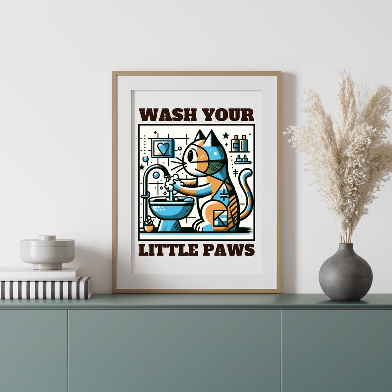 Wash Your Paws Cat Print, Cute Bathroom Poster, Wash Room Childrens