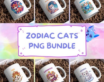 Könnte beinhalten: Ein Set mit 12 weißen Tassen mit bunten Illustrationen von Katzen, die jedes Sternzeichen repräsentieren. Die Tassen sind in einem Raster mit drei Reihen und vier Spalten angeordnet. Der Text "ZODIAC CATS PNG BUNDLE" wird in der Mitte des Bildes angezeigt.