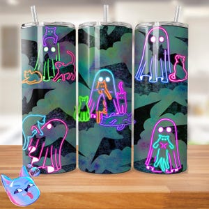 Envoltura para vaso fantasma de Halloween, diseño de vaso delgado de sublimación de 20 oz, lindo fantasma espeluznante de neón colorido PNG, descarga de vaso de Halloween PNG