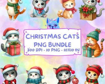 Christmas Cats Png Bundle, Digital File Mug, Png Cat Design, Shirt Print File, Unique Christmas Drinkware File, Instant Download, Watercolor