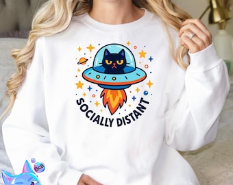 Socially Distant Cat UFO Funny Cat Graphic Tee, Funny cat png, Cat Lover Gift, Cat Mom Mug, Instant Download, Digital File, Introver Humor