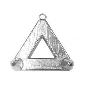 May include: A silver triangle-shaped fishing sinker with a loop at the top and two pointed ends.