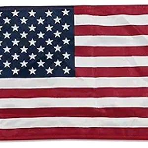 May include: A red, white, and blue American flag with 50 stars on a blue field and 13 red and white stripes. The flag is made of a lightweight fabric and has grommets at the top for hanging.